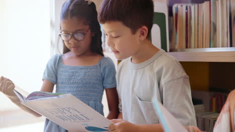 children reading a book in the library