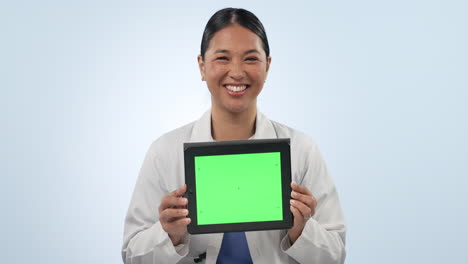 Asian-woman,-doctor-and-tablet-with-green-screen