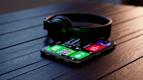 smartphone with headphones on wooden table