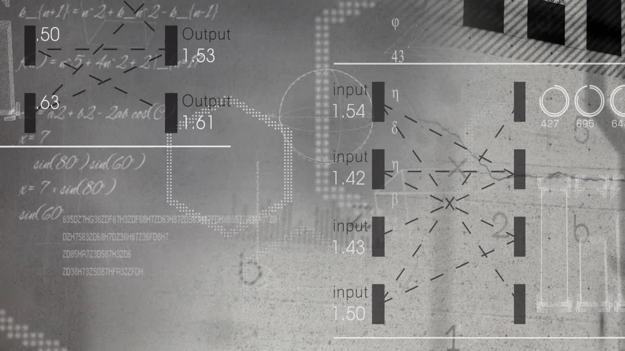 animación de formas y procesamiento de datos sobre fondo gris