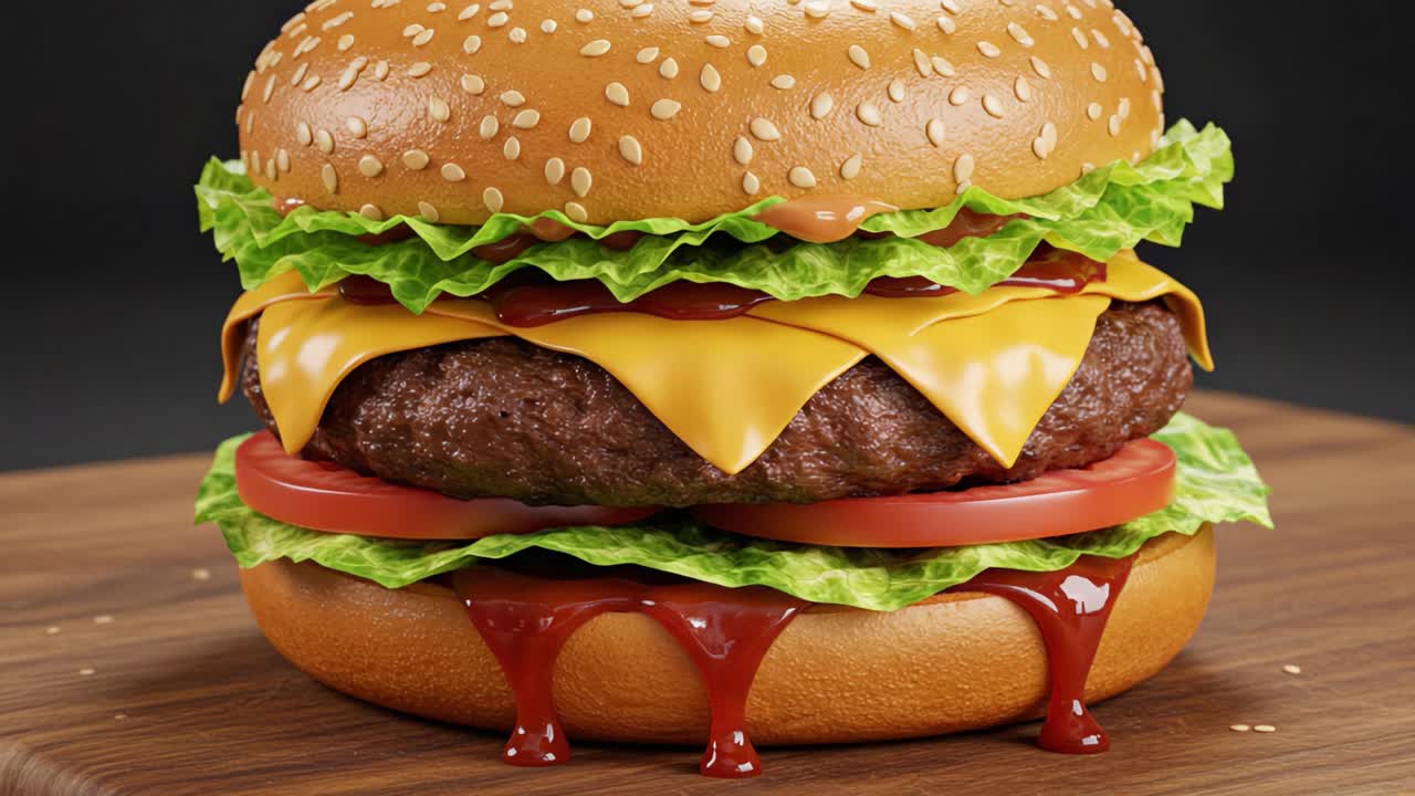 A Delicious Gourmet Cheeseburger with Fresh Lettuce, Tomatoes, and Savory Ketchup Glazing the Juicy Patty Inside a Sesame Seed Bun