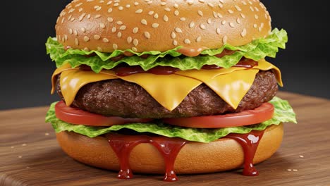 a delicious gourmet cheeseburger with fresh lettuce, tomatoes, and savory ketchup glazing the juicy patty inside a sesame seed bun