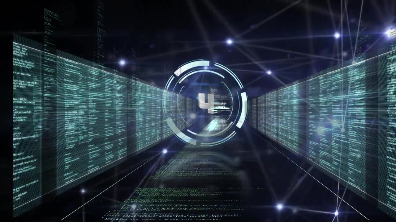 Animation of counting, connections and data processing on black background