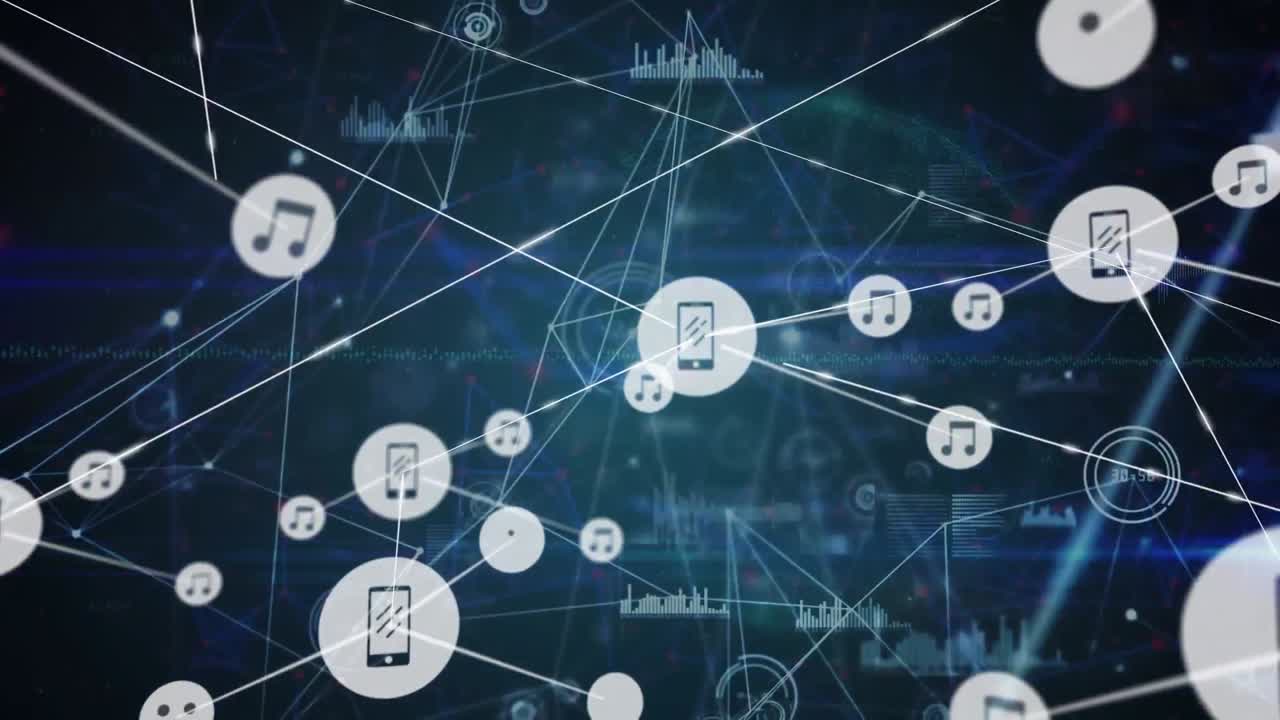 animación de una red de iconos digitales sobre puntos de luz contra un fondo azul