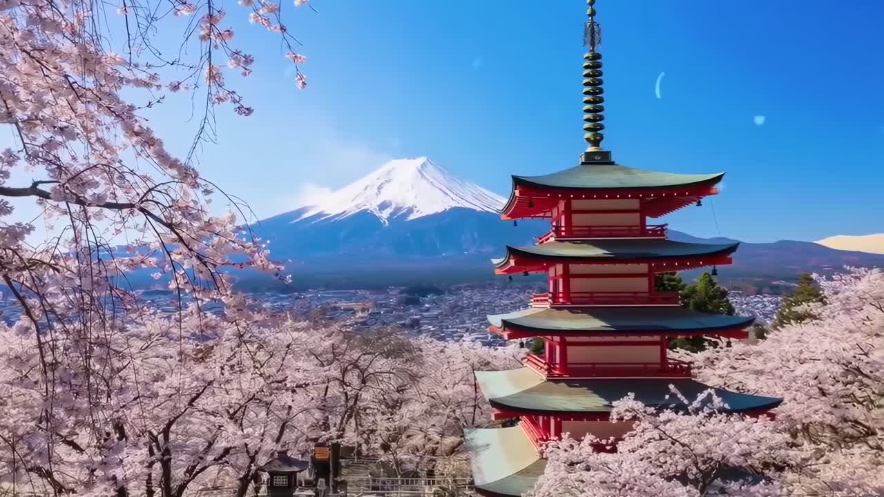 Video panoramico di una pagoda e di fiori di ciliegio con il Monte Fuji sullo sfondo, ripreso dal basso