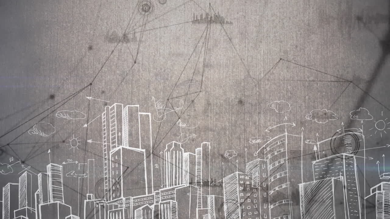 vista frontal de un dibujo de una ciudad contra la animación de análisis en el fondo