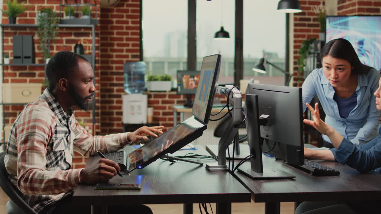 Graphic designer working on photo retouching with editing software