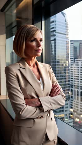 female professional executive reflecting by the office window.