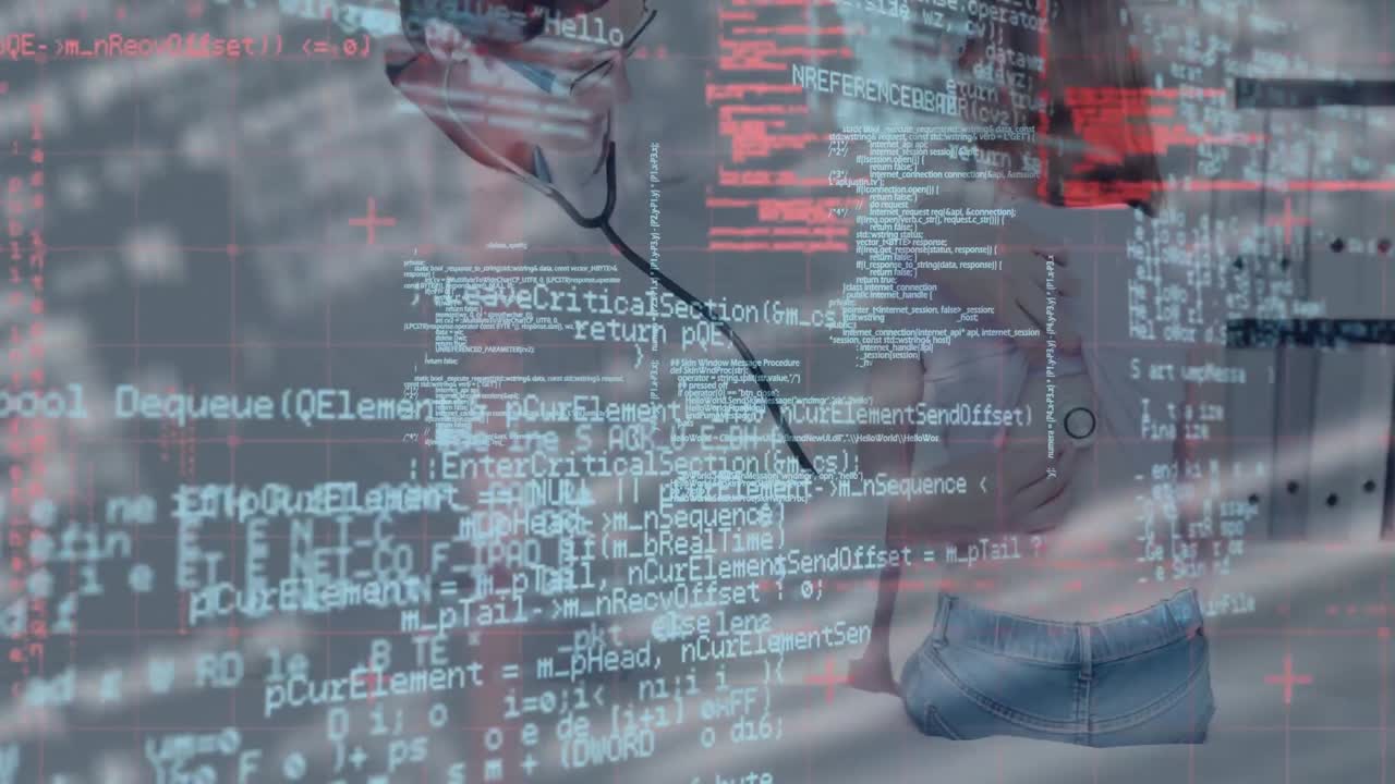 procesamiento de datos sobre una doctora caucásica examinando la espalda de una niña caucásica en el hospital