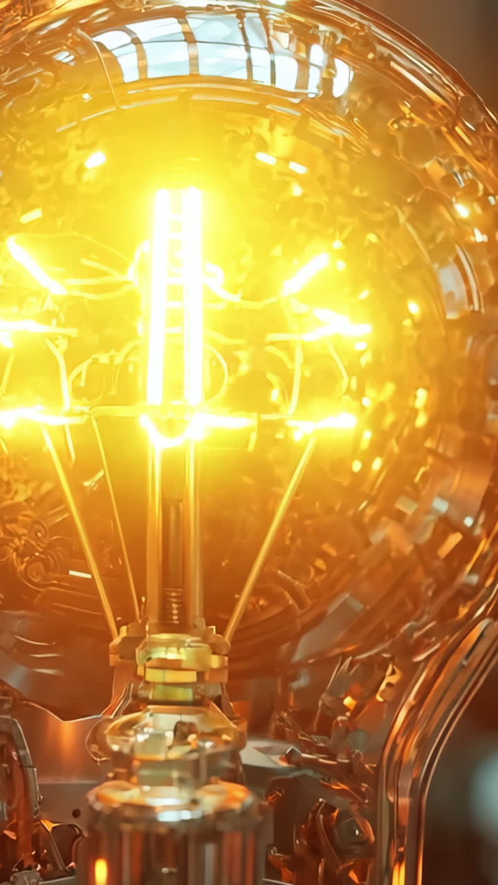 A light bulb is lit up in a room with a lot of machinery. The light bulb is surrounded by gears and other mechanical parts. The scene gives off a feeling of industrialization and technology
