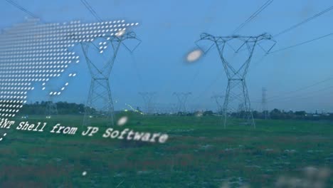 Animation-of-globe-and-data-processing-over-electricity-pylons