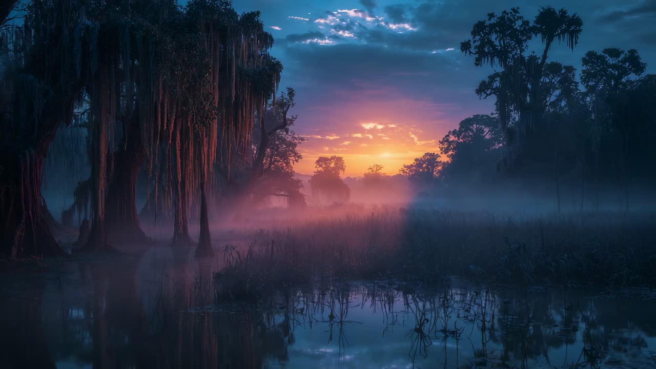 Il sole che sorge proietta la luce sull'acqua di una palude di cipressi, illuminando la nebbia fluttuante e gli alberi coperti di muschio