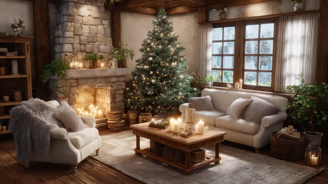 A Cozy Winter Living Room: Embracing the Warmth of the Holidays with a Beautifully Decorated Tree, Soft Lighting, and Inviting Furnishings for a Cherished Family Gathering