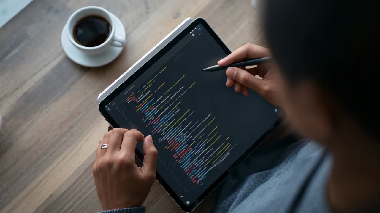 Tapping stylus, developer wearing sweater reviewing and editing code on tablet at desk, with coffee