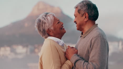 love, dance and happy senior couple at a beach