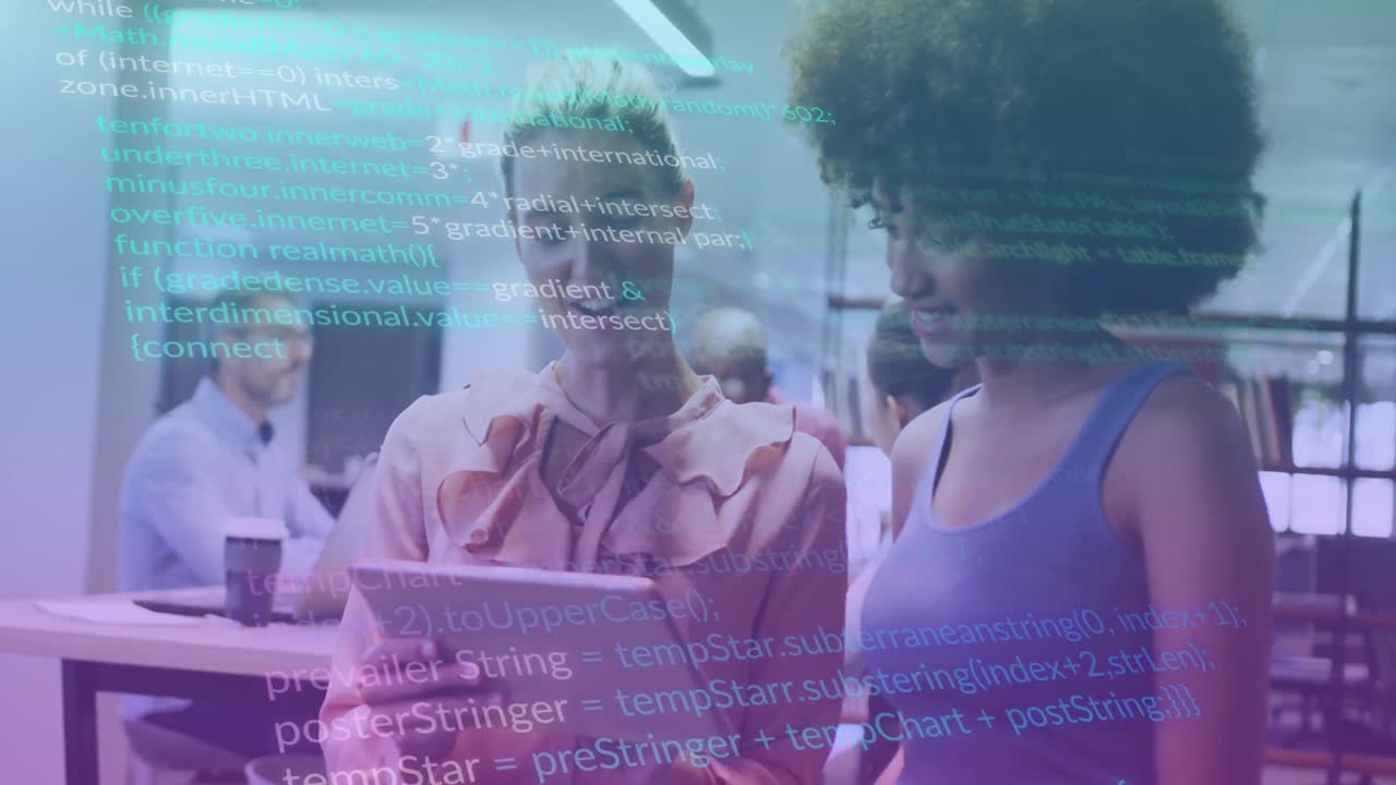 Animation of data processing over diverse businesswomen using tablet