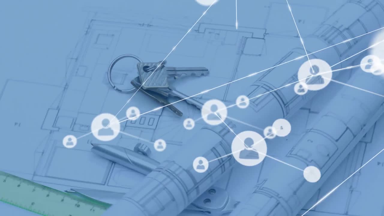 키와 아키텍트 계획에 대한 아이콘을 가진 연결 네트워크의 애니메이션
