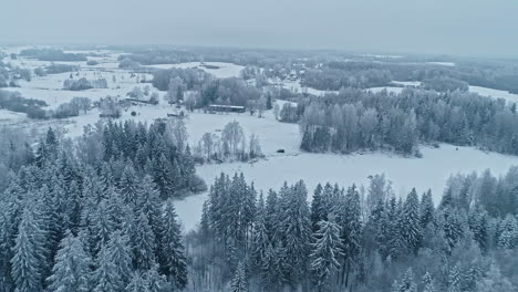 Luftdrohne-Vorwärts-Bewegender-Schuss-über-Ein-Holzhaus-Und-Einen-Langen-Schuppen,-Umgeben-Von-Schneebedeckter-Weißer-Landschaft-An-Einem-Bewölkten-Tag