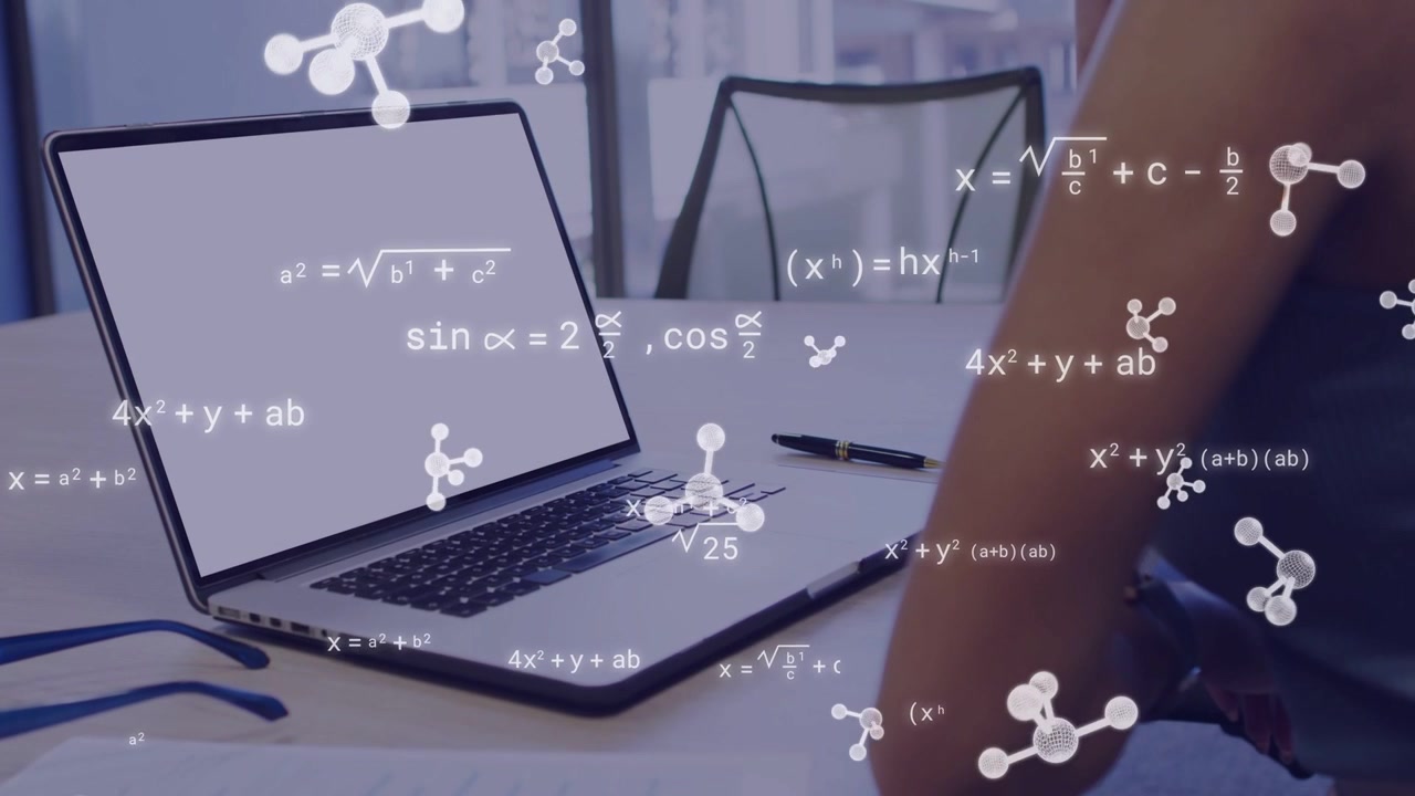 Woman leaning to laptop, causing molecules and equations to drift across laptop and arm for science