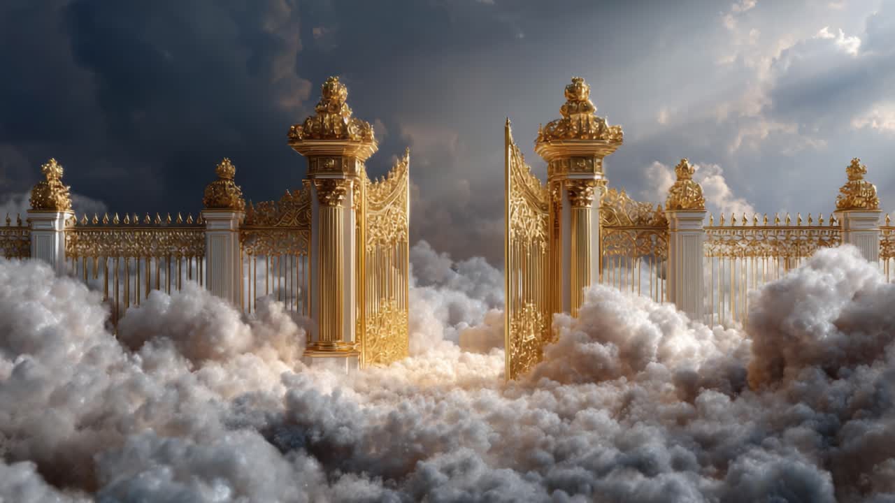 Majestic Golden Gates Set Against a Dramatic Cloudy Sky, Symbolizing Transition and Hope Amidst Ethereal Atmosphere and Radiant Light