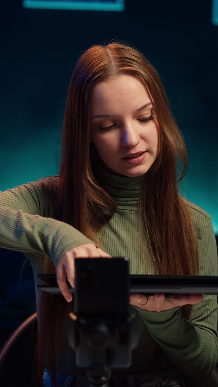 Giovane vlogger presenta un laptop per una recensione del prodotto