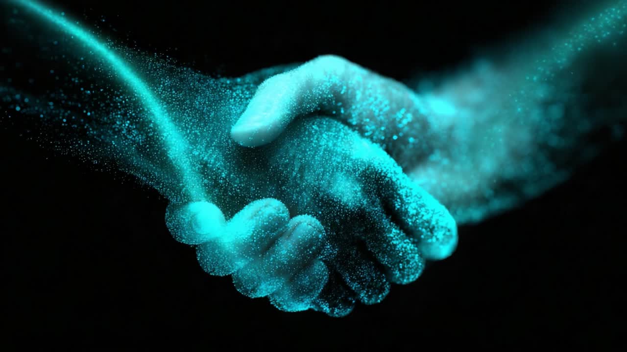 Rappresentazione artistica di una stretta di mano tra due persone, che ritrae unità e accordo attraverso particelle scintillanti e bagliore blu su uno sfondo scuro, a simboleggiare connessione e collaborazione