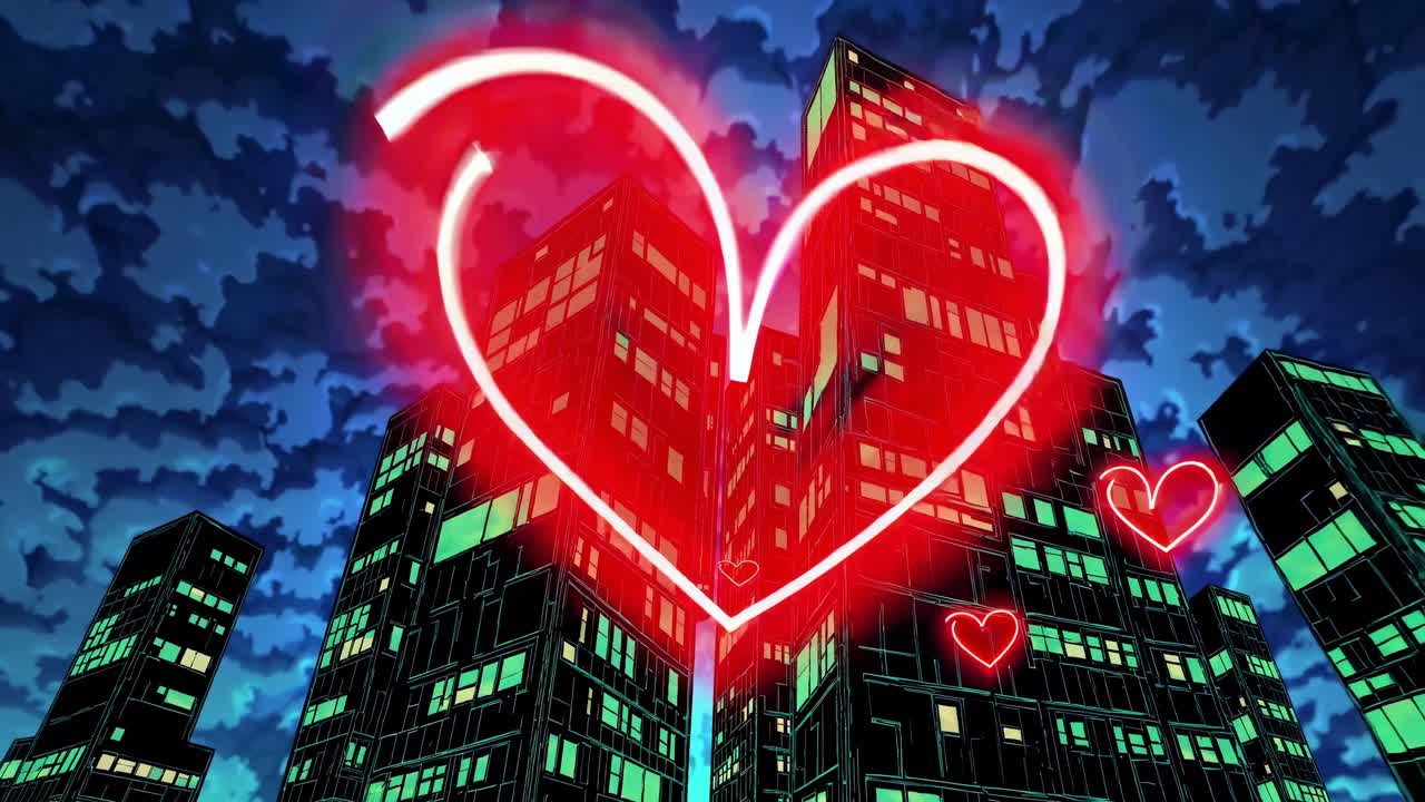 Crimson neon hearts floating upward between futuristic glass skyscrapers, creating luminous urban landscape beneath cloudy nighttime sky