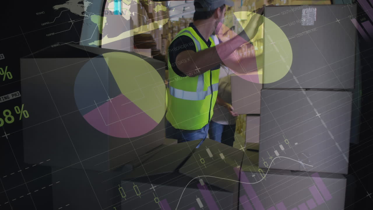 animación de estadísticas y procesamiento de datos sobre el repartidor cargando cajas en la furgoneta