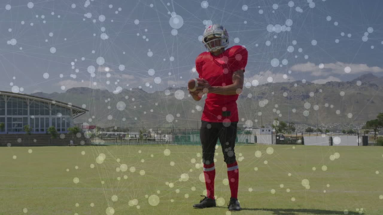 Football player on field with network connections and data processing animation