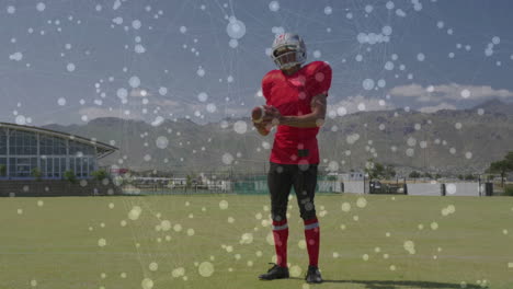 football player on field with network connections and data processing animation
