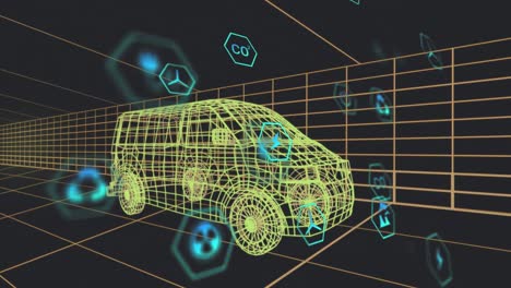 animación de múltiples iconos digitales sobre un modelo de furgoneta 3d que se mueve en un patrón sin costuras en un túnel