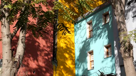 colorful buildings with trees and shadows