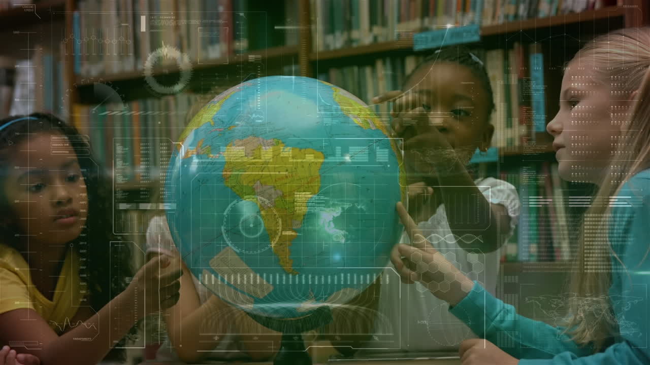 Animation of data processing over schoolchildren looking at globe in class