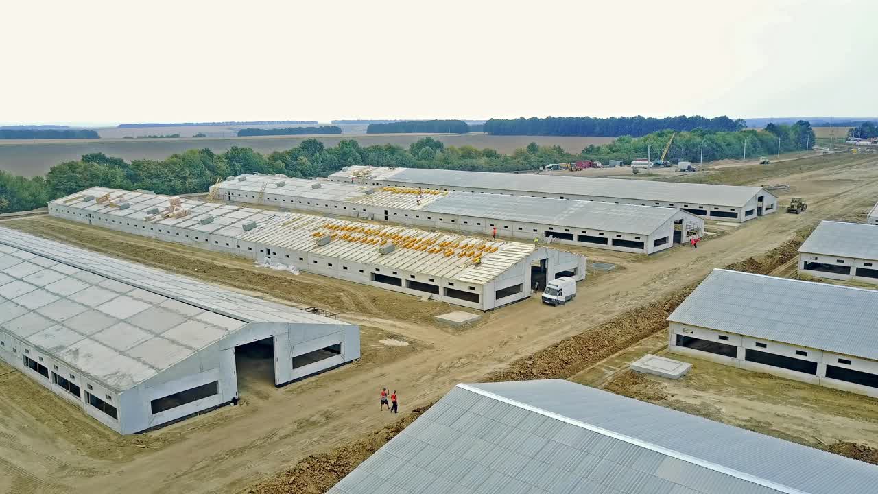 Construction complex of livestock. Aerial view of the constructing new farm for livestock