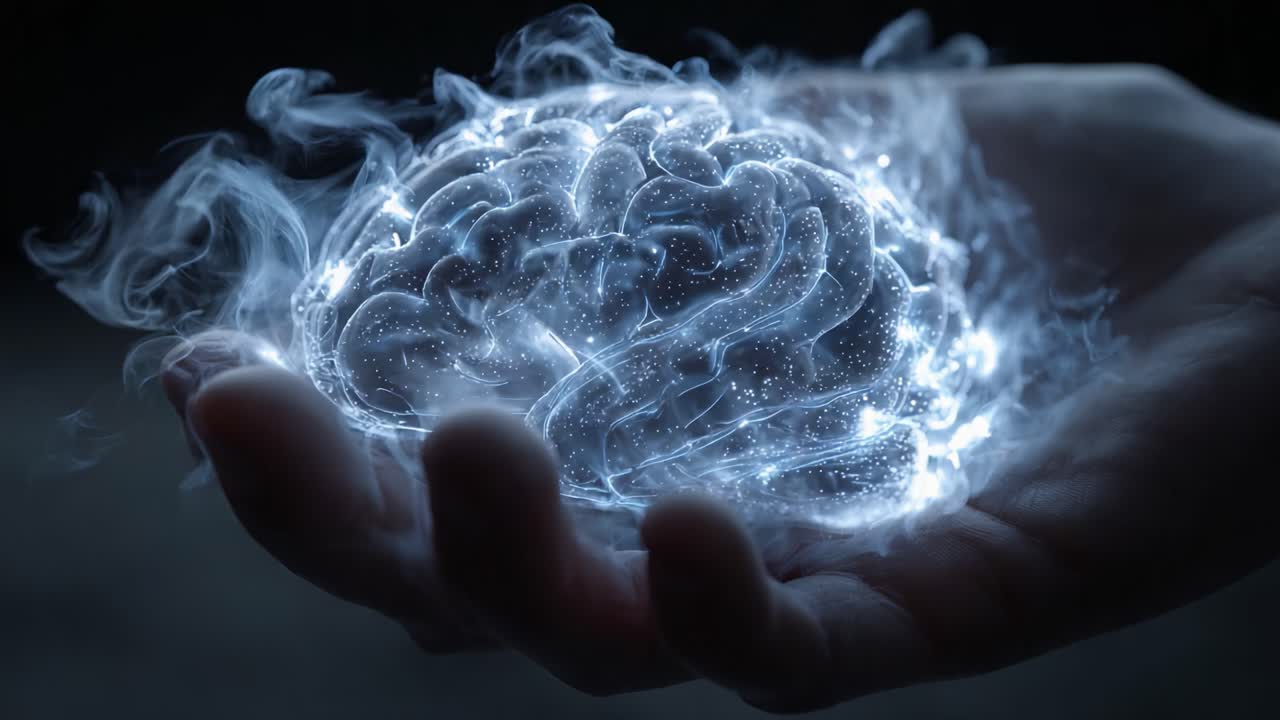 Capturing the Essence of Thought: A Glowing Brain Encased in Mystical Energy, Symbolizing Knowledge, Intelligence, and Human Potential in the Universe