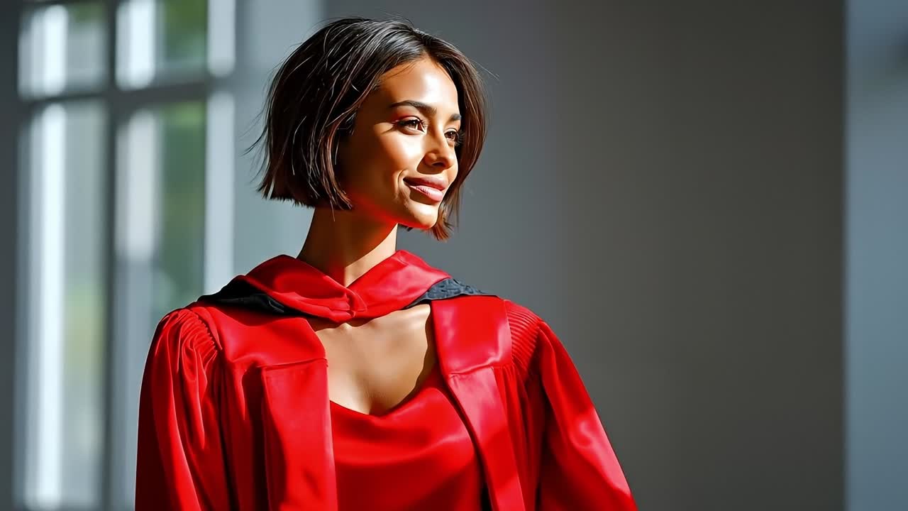 A woman in a red graduation gown standing in front of a window