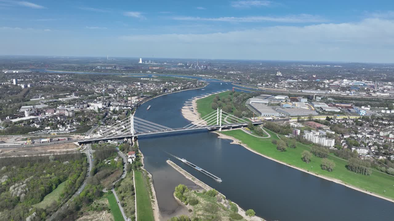 Rhine bridge, Neuenkamp,Duisburg, new constructed bridge, over the rhine river. Germany. Aerial view. Cable bridge.