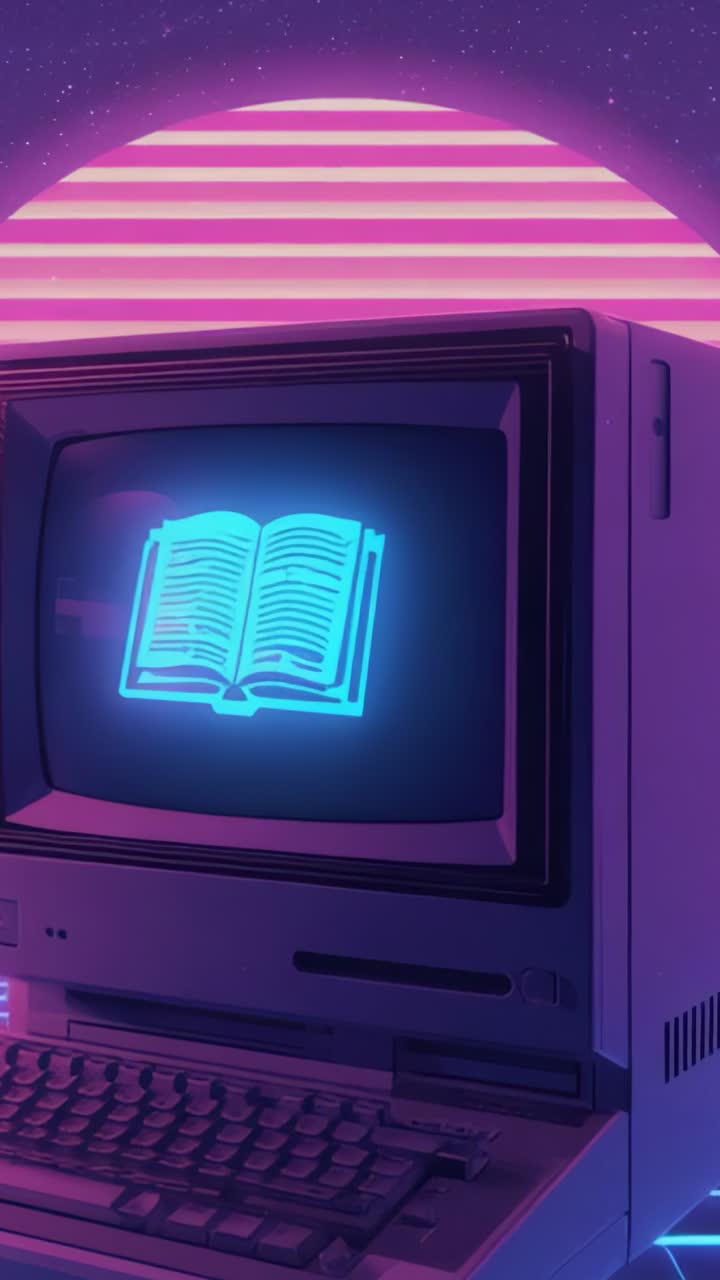 Vertical video: Retro CRT computer and keyboard sitting in digital space, pulsing neon book icon
