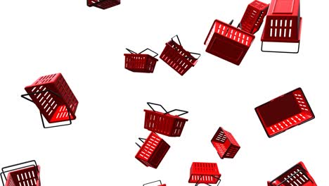 red plastic shopping baskets on white background.