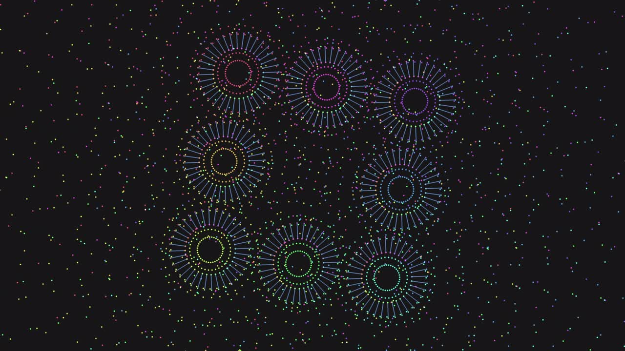 어두운 공간에 있는 작은 점과 선의 네온 미래 원