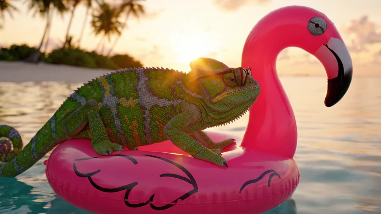 A Relaxing Chameleon Enjoying a Sunset on a Flamingo Pool Float with Sunglasses, Perfect for a Tropical Vacation Atmosphere