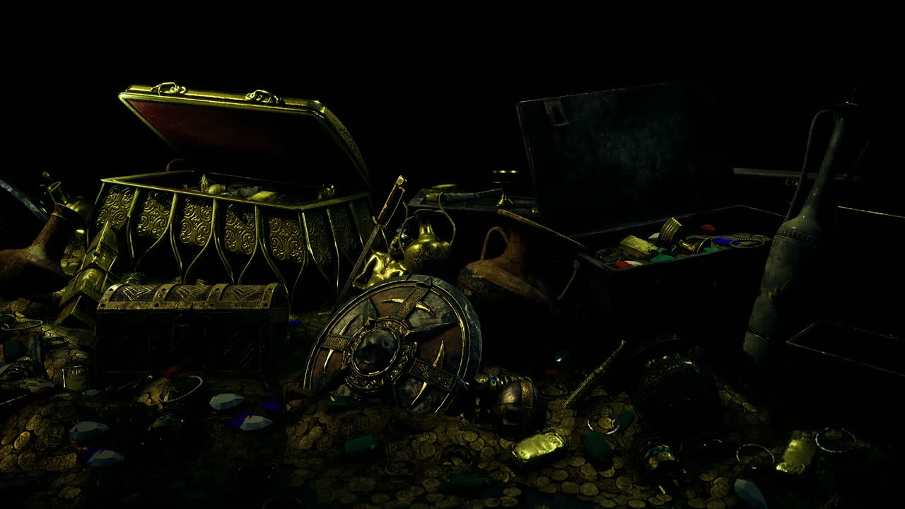 Hidden treasures waiting to be discovered in a dark cavern