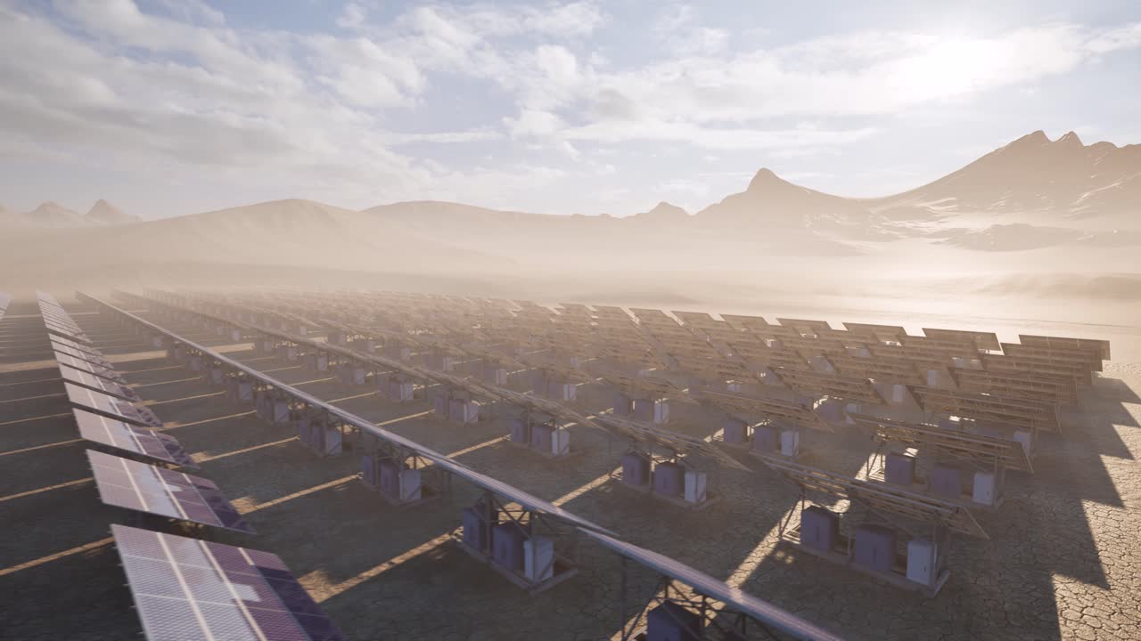 un parque solar, granja solar, central eléctrica fotovoltaica en el desierto, animación 3d, paisaje animado, vista panorámica