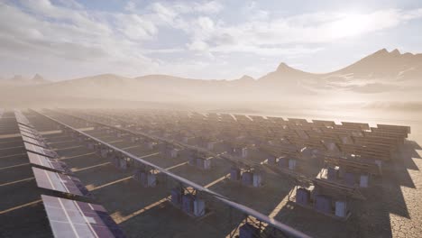 A-solar-park,-solar-farm,-photovoltaic-power-station-in-the-desert,-3D-animation,-animated-scenery,-panoramic-view