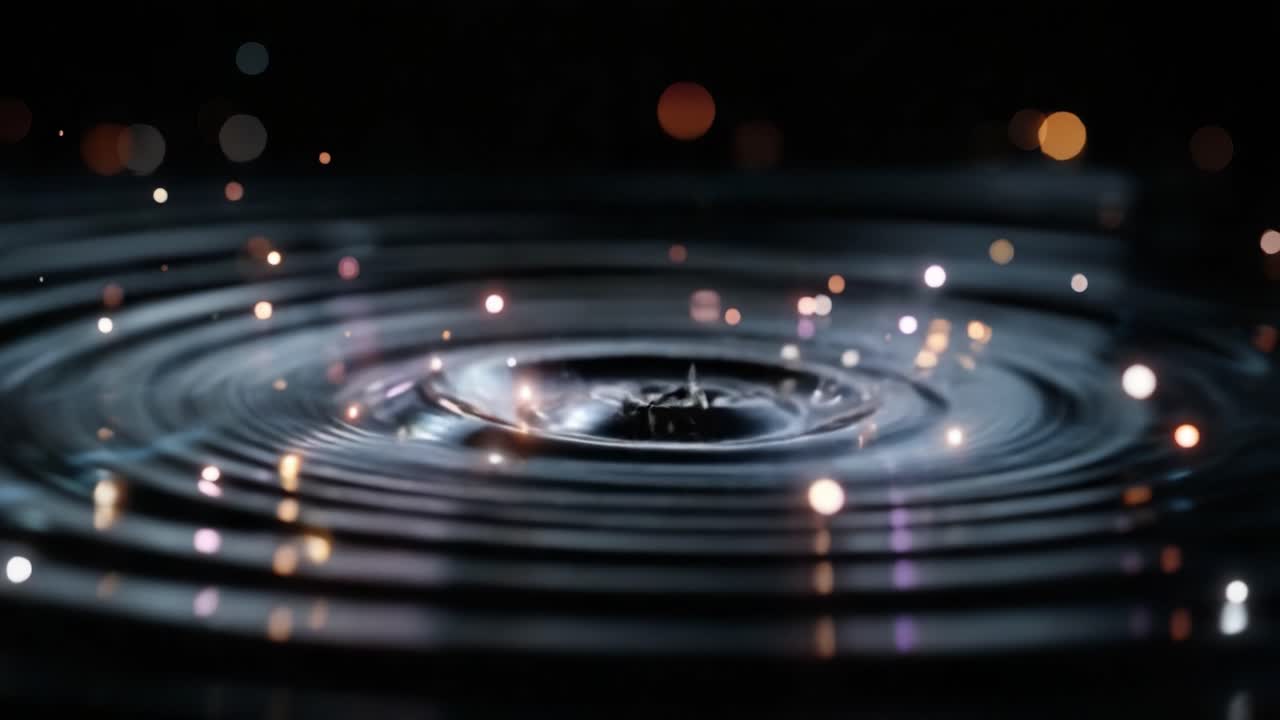 Incantevoli increspature dell'acqua con effetti di luce scintillante che catturano l'essenza della fluidodinamica in un ambiente scuro, evidenziando movimento e texture