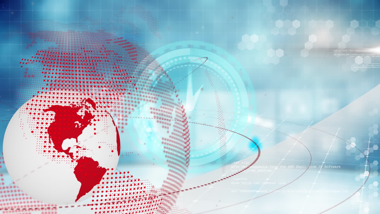 파란색 배경에 회전하는 지구상에서 움직이는 시계와 데이터의 애니메이션