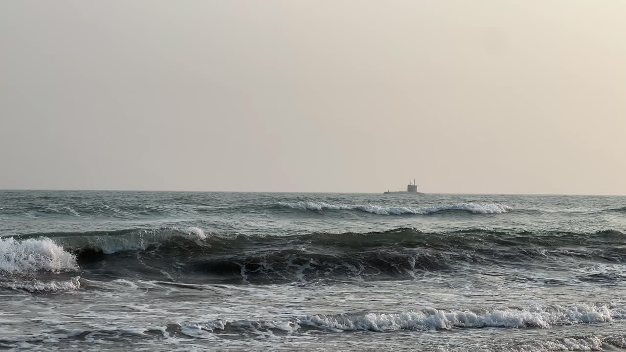 An Indian submarine near the shore of Puri for Navy day 2025.