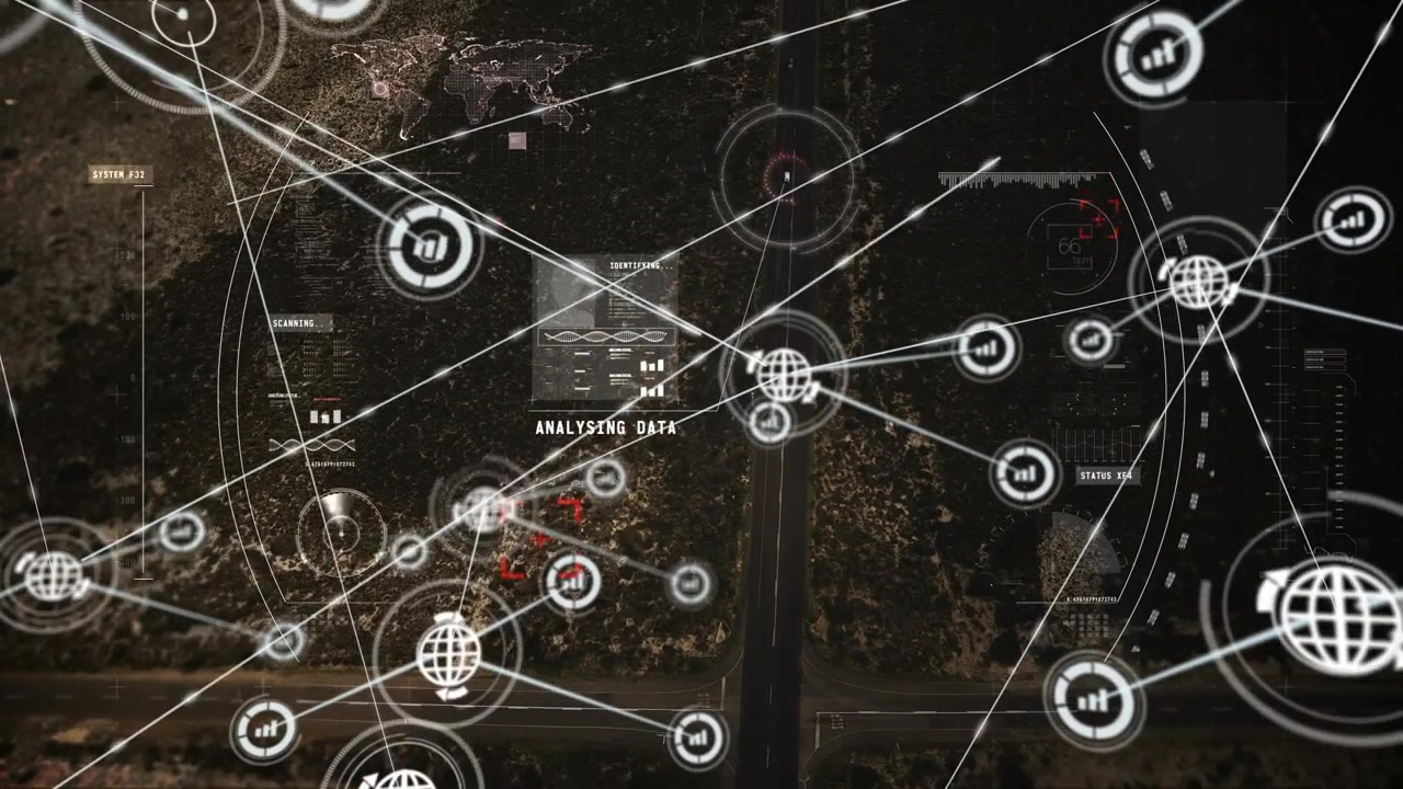 Aerial View of Road Intersection with Digital Data Overlay