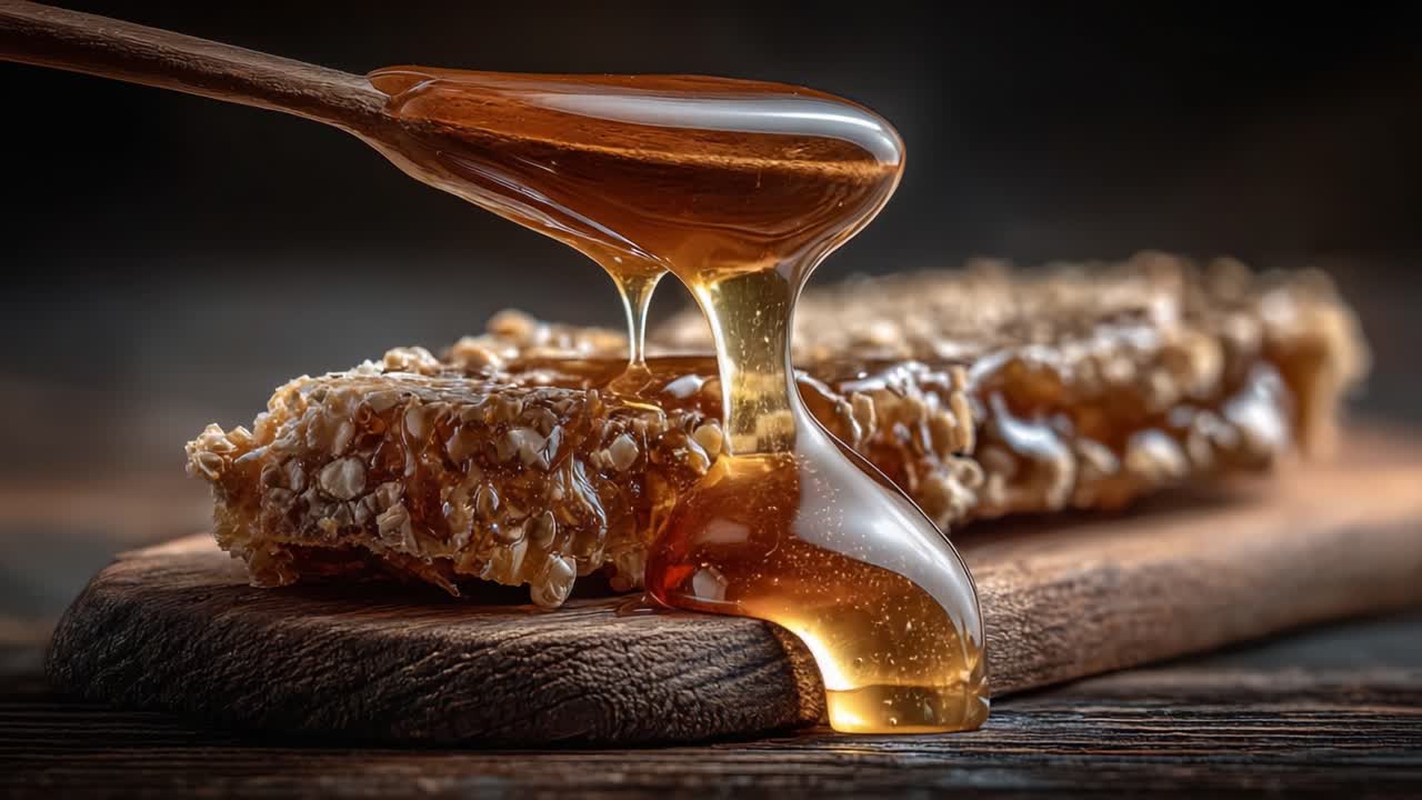 Delicie-se com a Doçura da Natureza: Um Close-Up de Mel Dourado Escorrendo de uma Colher de Madeira sobre um Pedaço de Favo de Mel, Capturando a Essência da Pura Deliciosidade