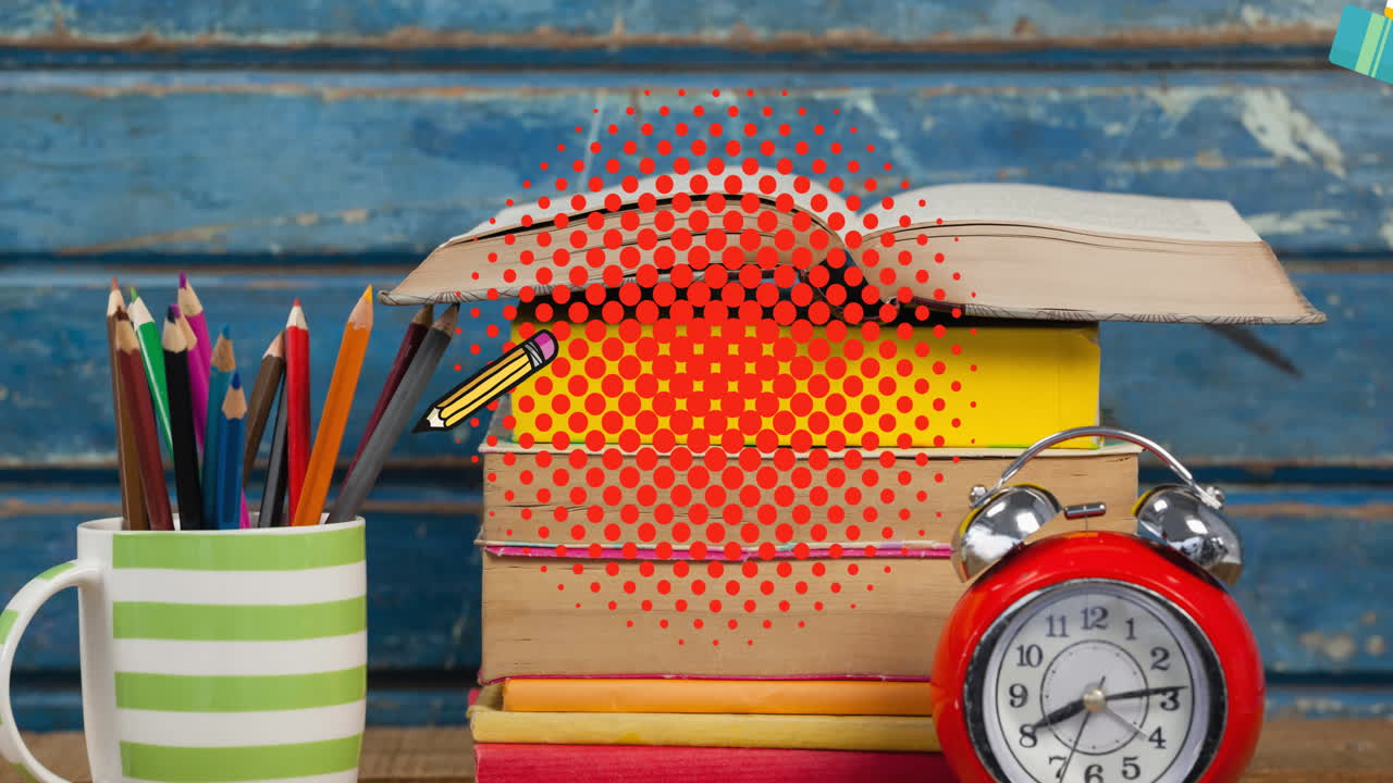 Animation of pencil and books bouncing on red dots over desk with books, clock and pencils